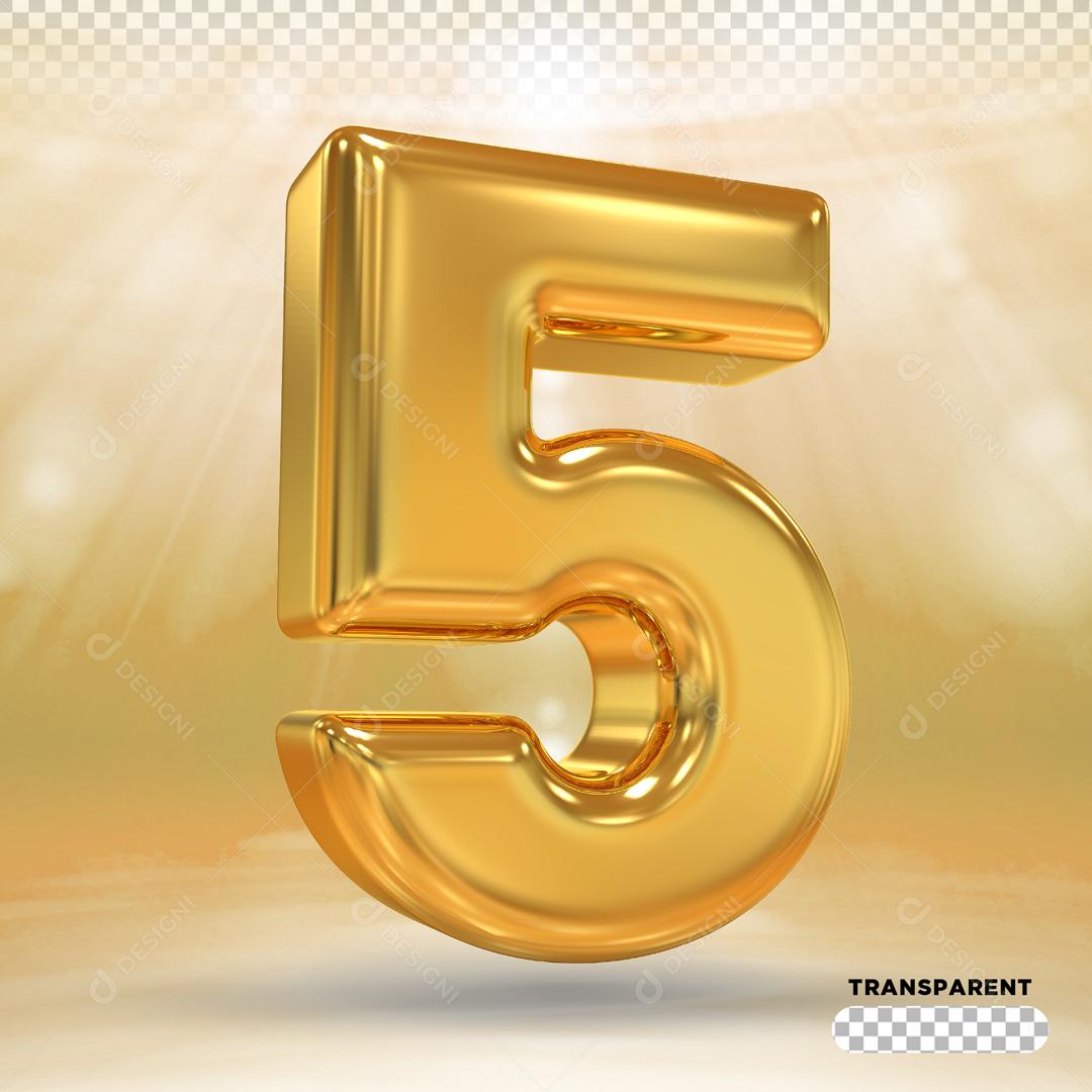 Número 5 Dourado 3D Para composição PSD