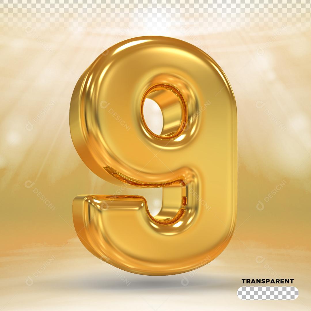 Número 9 Dourado 3D Para composição PSD