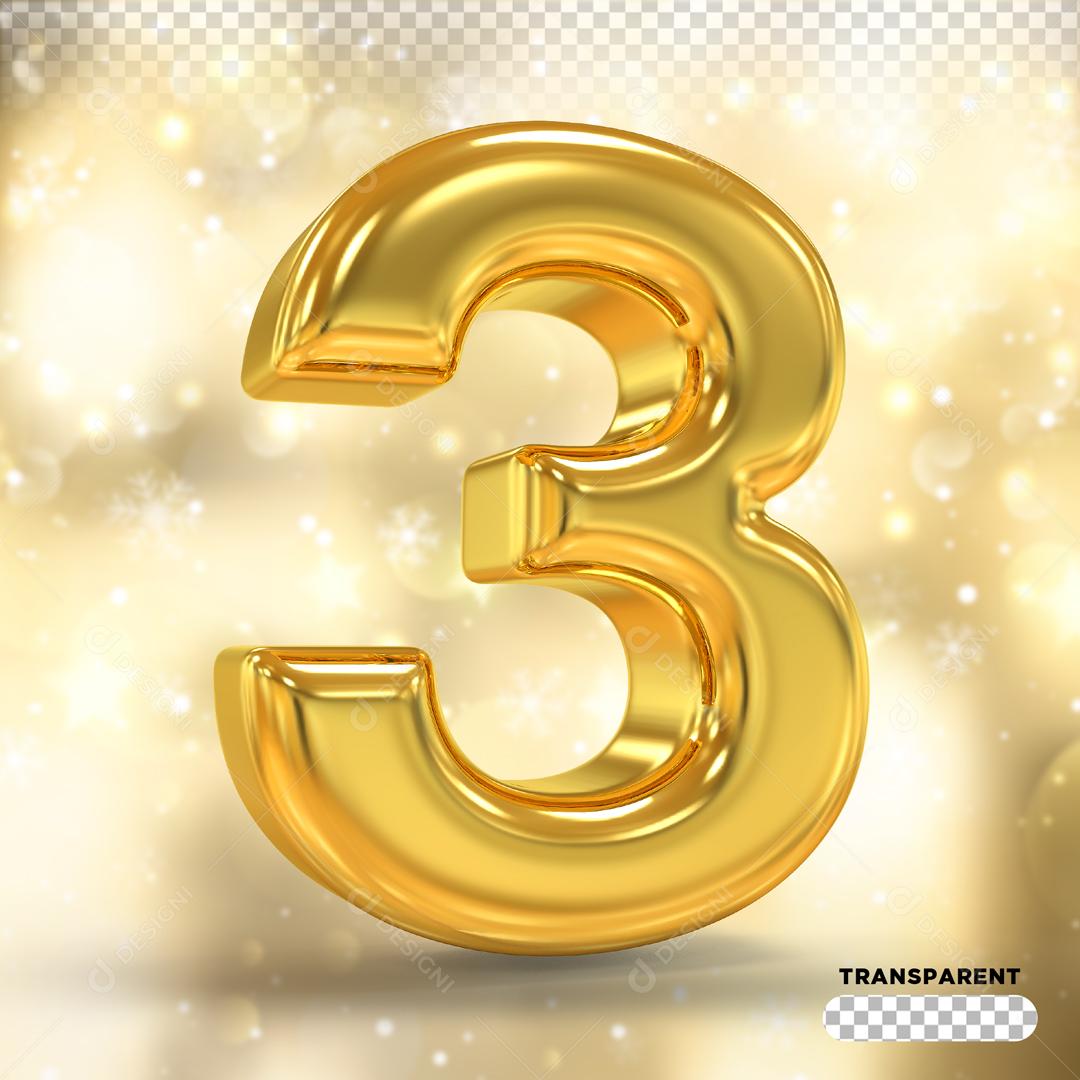 Número 3 3D Dourado Para composição PSD