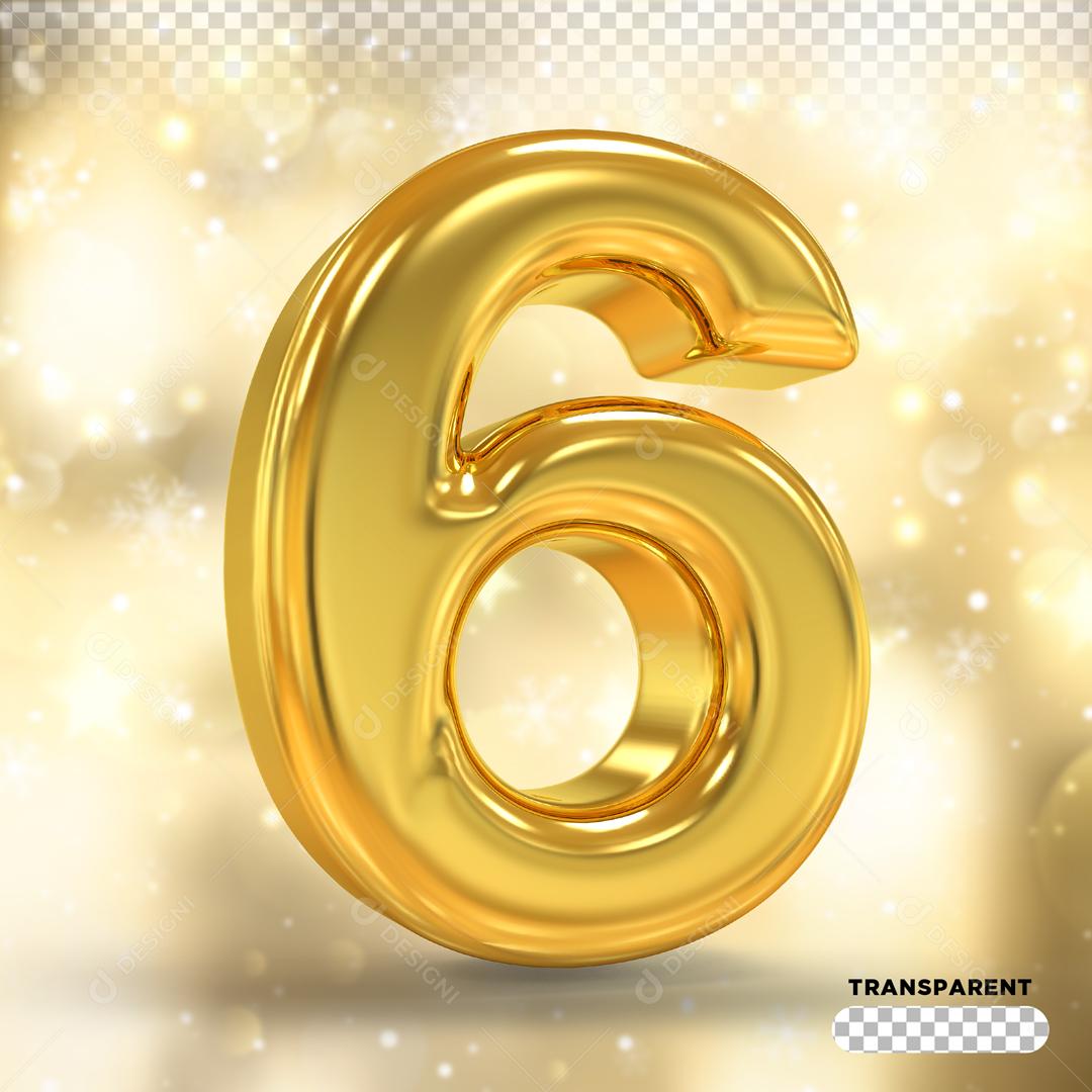 Número 6 3D Dourado Para composição PSD
