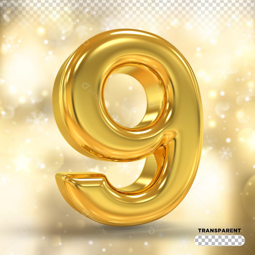 Número 9 3D Dourado Para composição PSD
