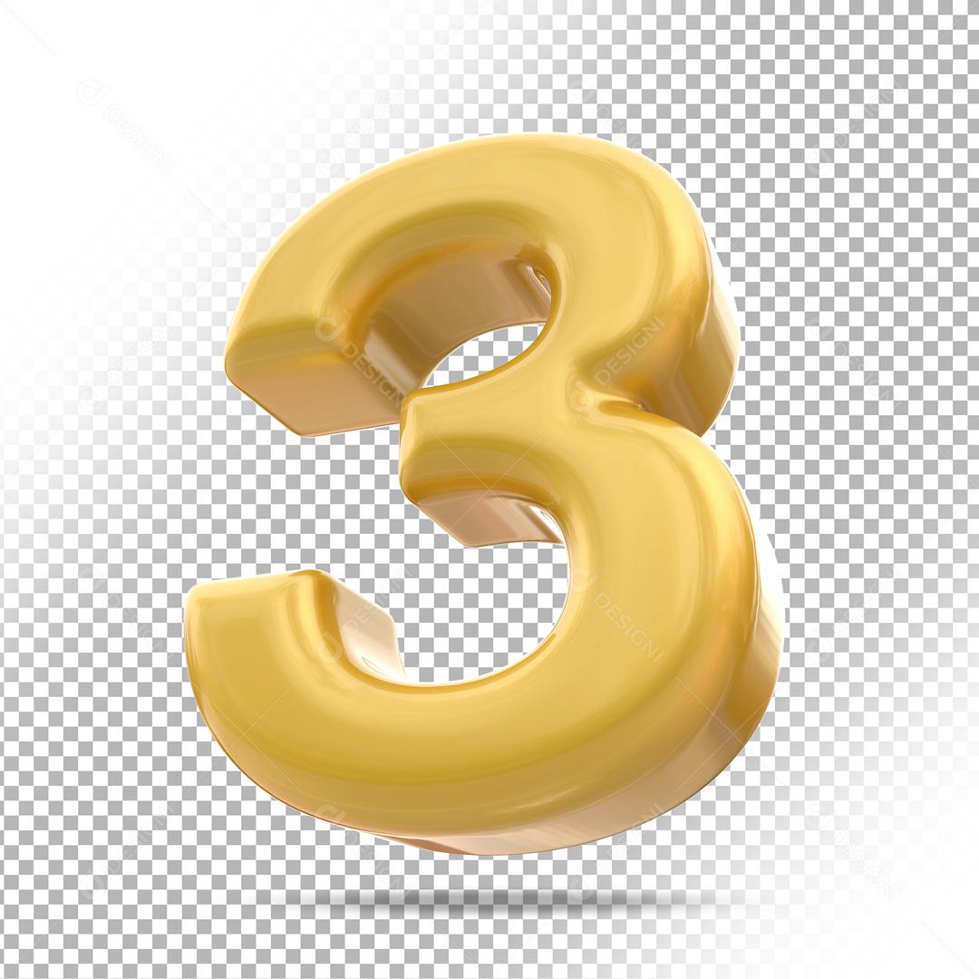 Número 3 3D Dourado Para composição PSD