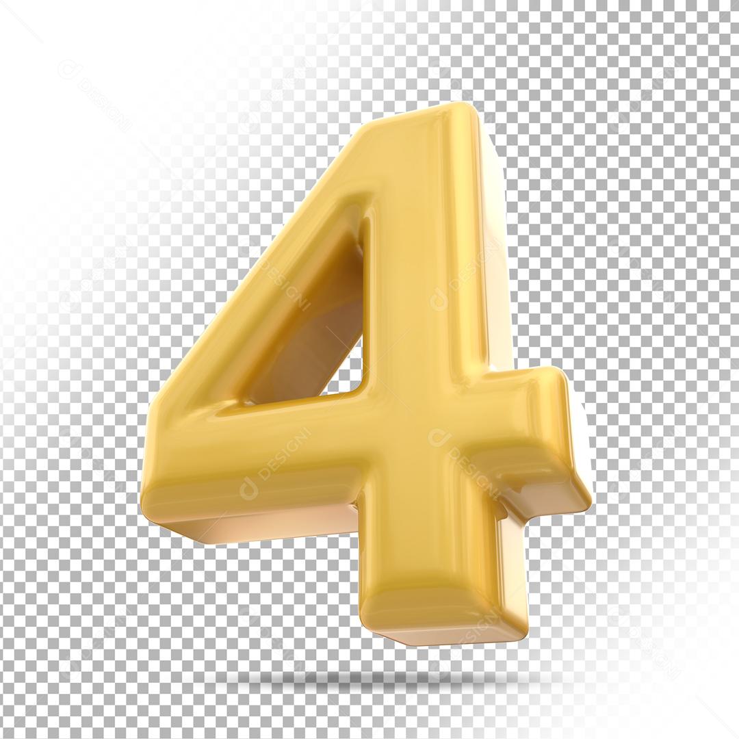 Número 4 3D Dourado Para composição PSD