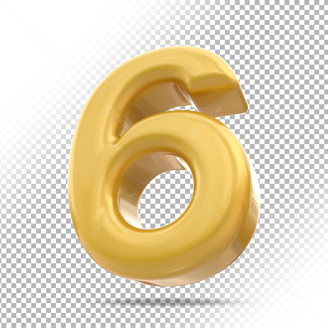 Número 6 3D Dourado Para composição PSD