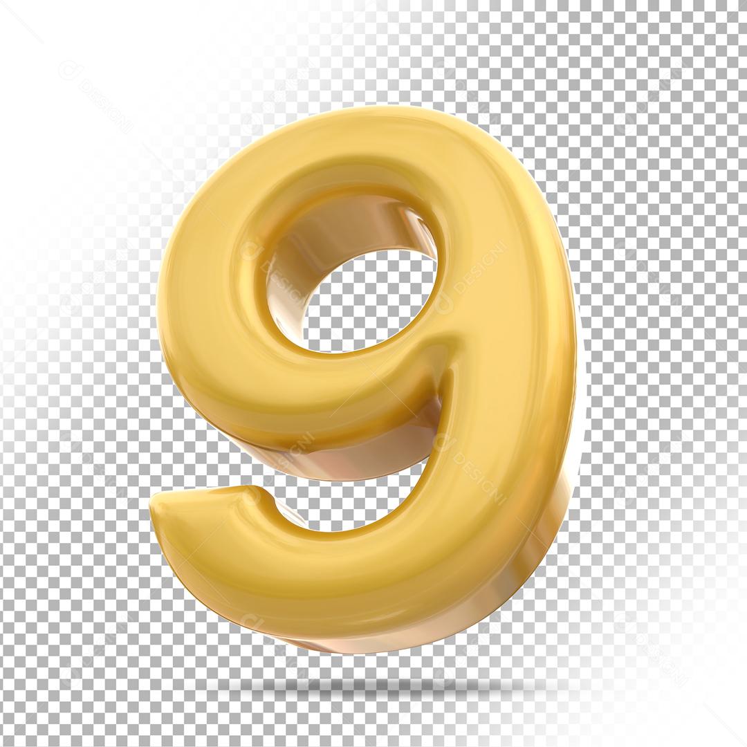 Número 9 3D Dourado Para composição PSD