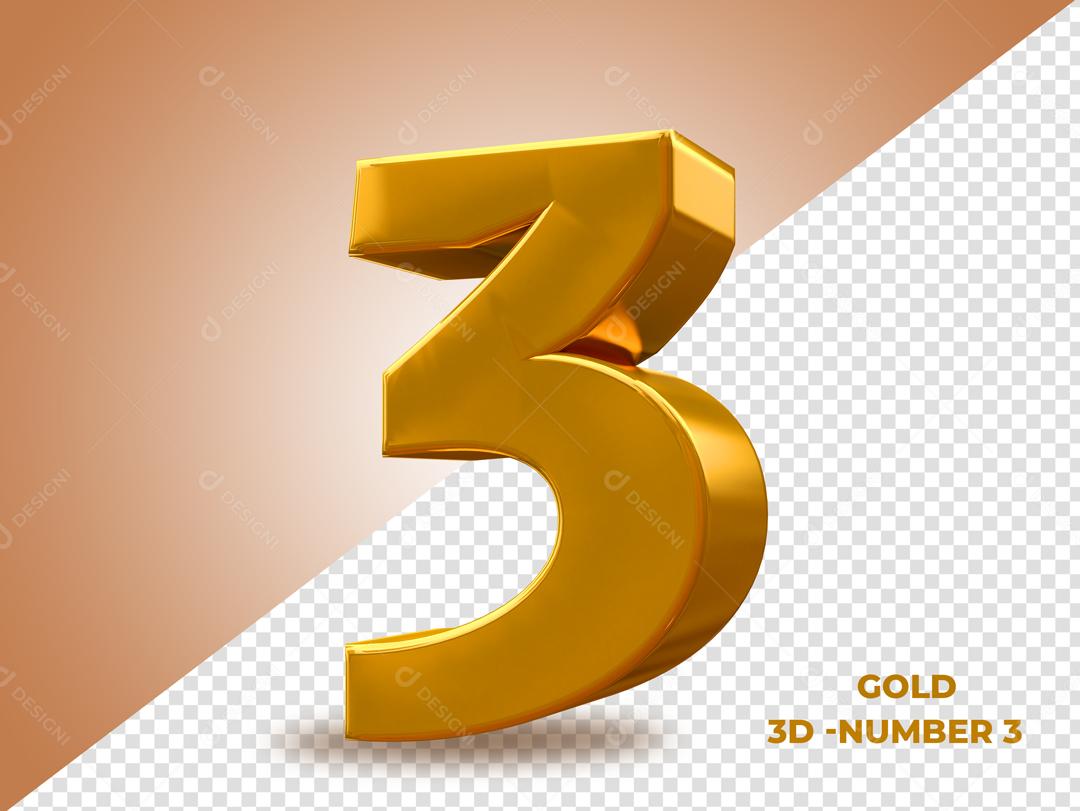 Número 3 Dourado 3D Para composição PSD