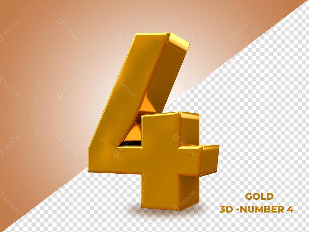 Número 4 Dourado 3D Para composição PSD