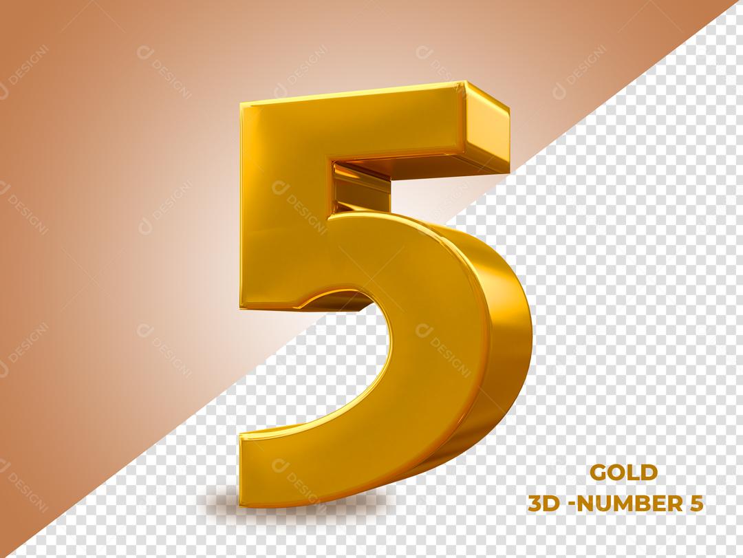 Número 5 Dourado 3D Para composição PSD