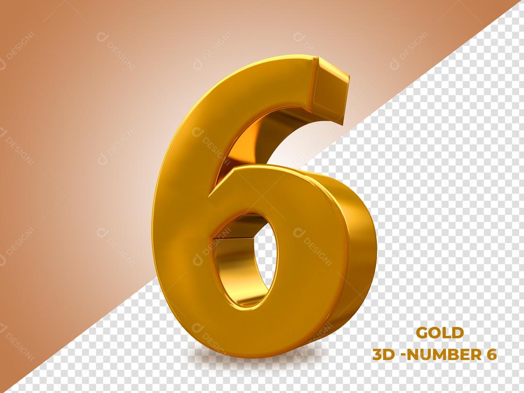 Número 6 Dourado 3D Para composição PSD