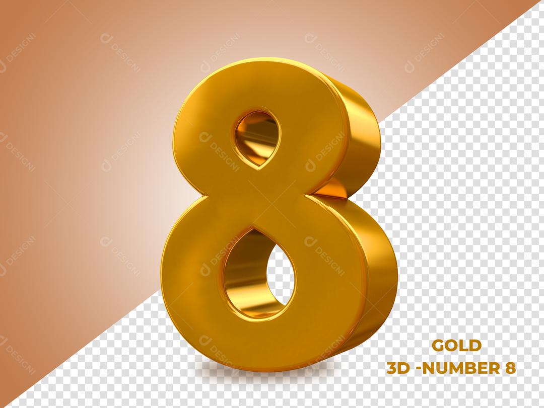 Número 8 Dourado 3D Para composição PSD