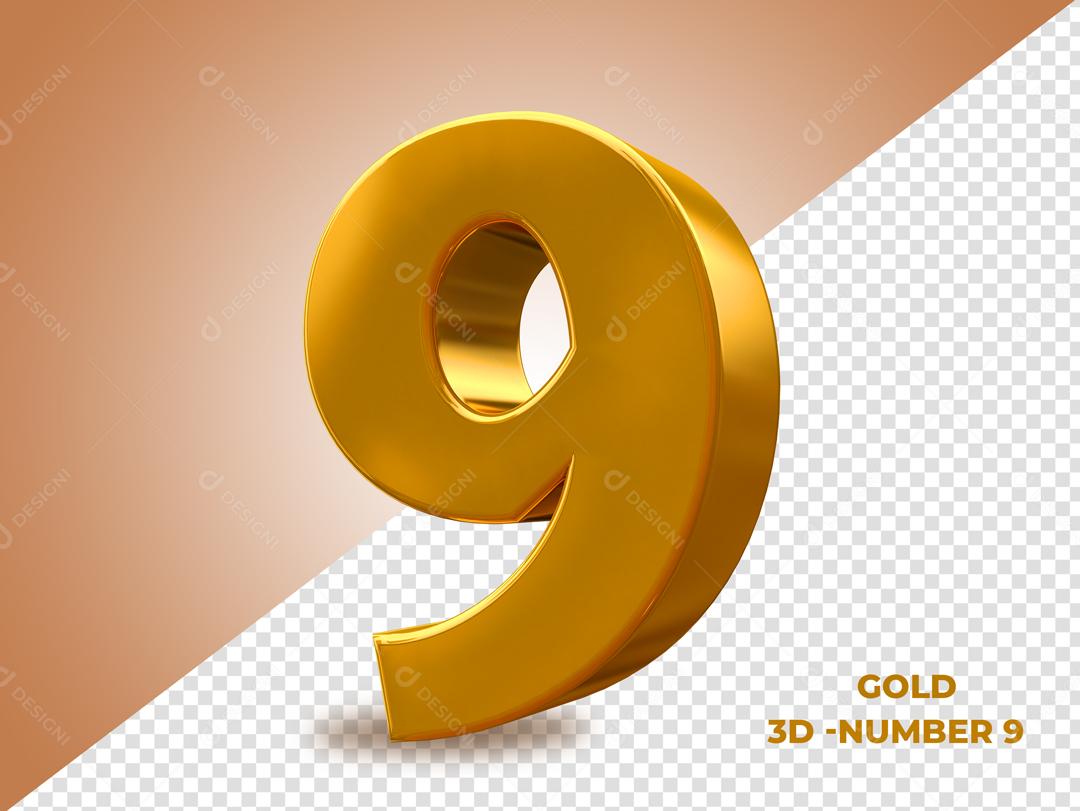 Número 9 Dourado 3D Para composição PSD
