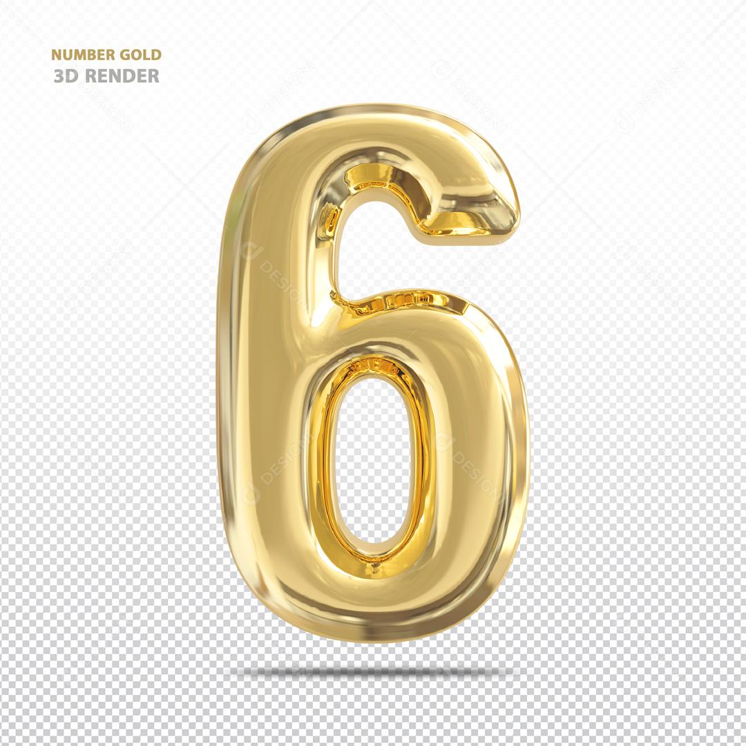 Número 3D 6 Dourado Para composição PSD