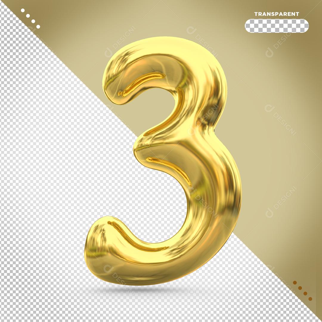 Número 3 Dourado 3D Para composição PSD