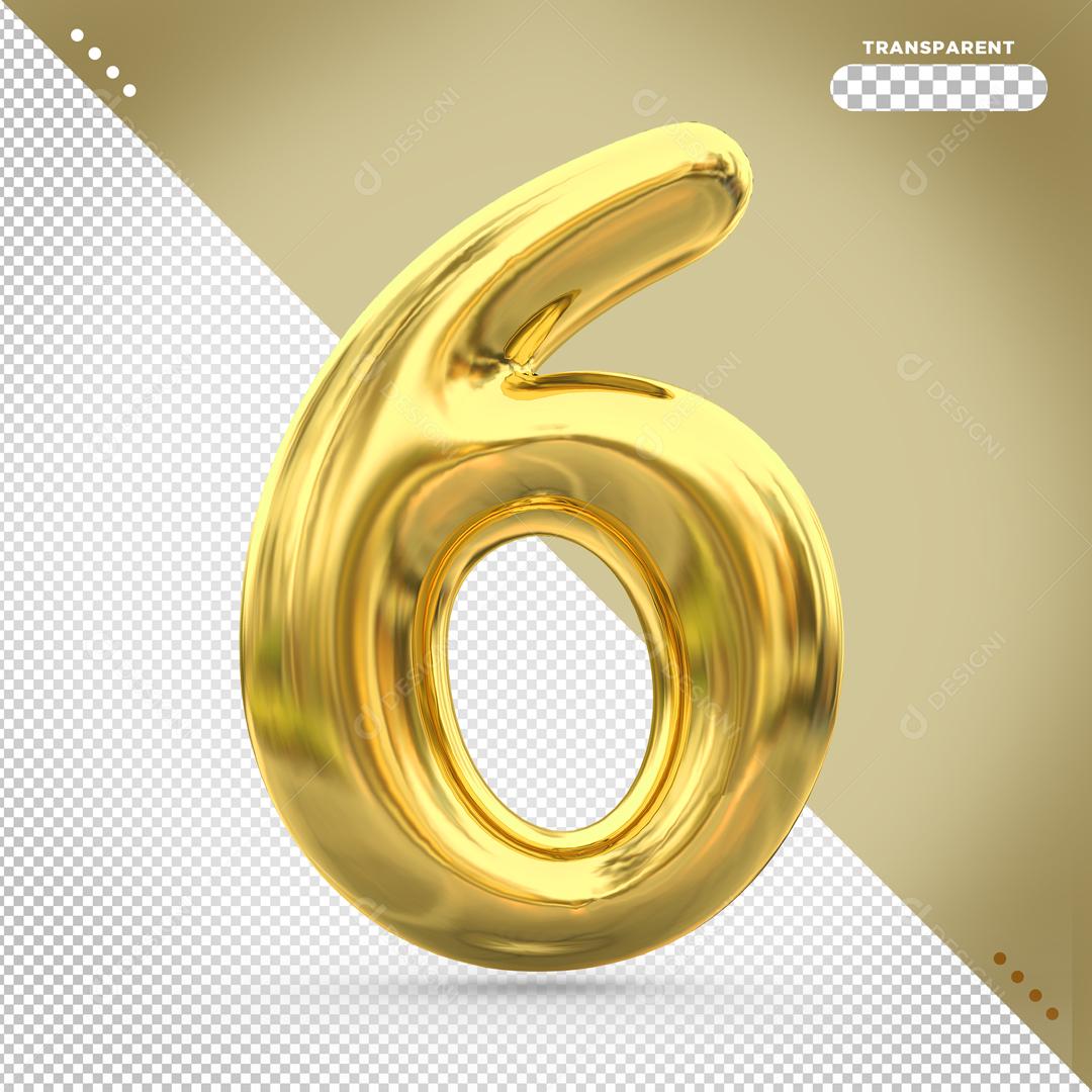 Número 6 Dourado 3D Para composição PSD