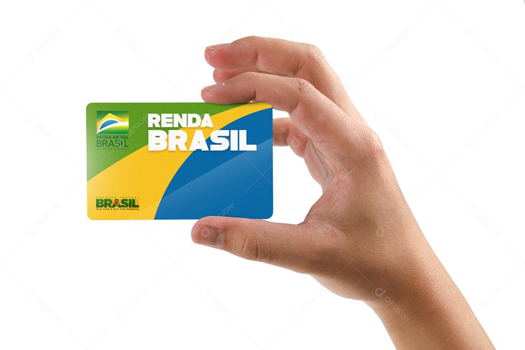 Curitiba, Paraná, Brasil, 06 de setembro de 2020. Mão brasileira segurando cartão do novo programa de ajuda popular chamado Renda Brasil. Novo auxílio emergencial e bolsa família. Fundo branco.