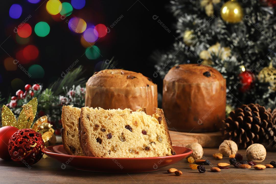 Delicious slice of panettone with candied fruit