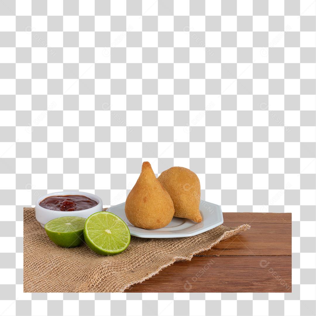 Porção De Coxinha De Frango Com Limão e Ketchup PNG Transparente