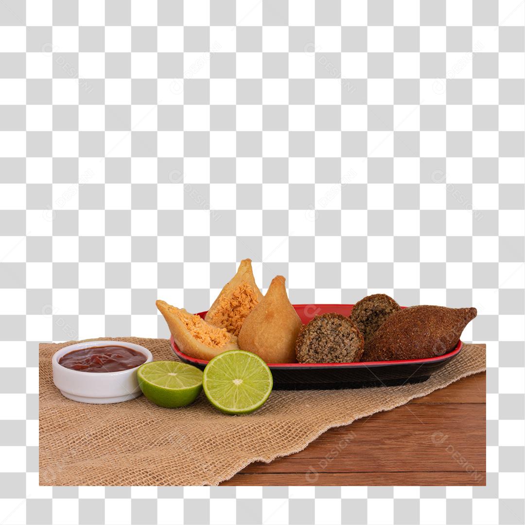 Porção De Coxinha De Frango Com Limão e Ketchup PNG Transparente