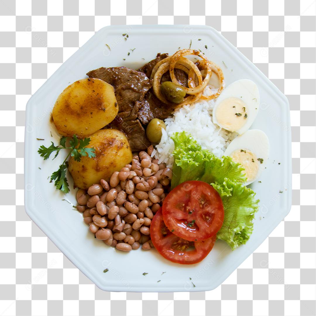 Prato De Comida Feirão Arroz Salada E Carne PNG Transparente
