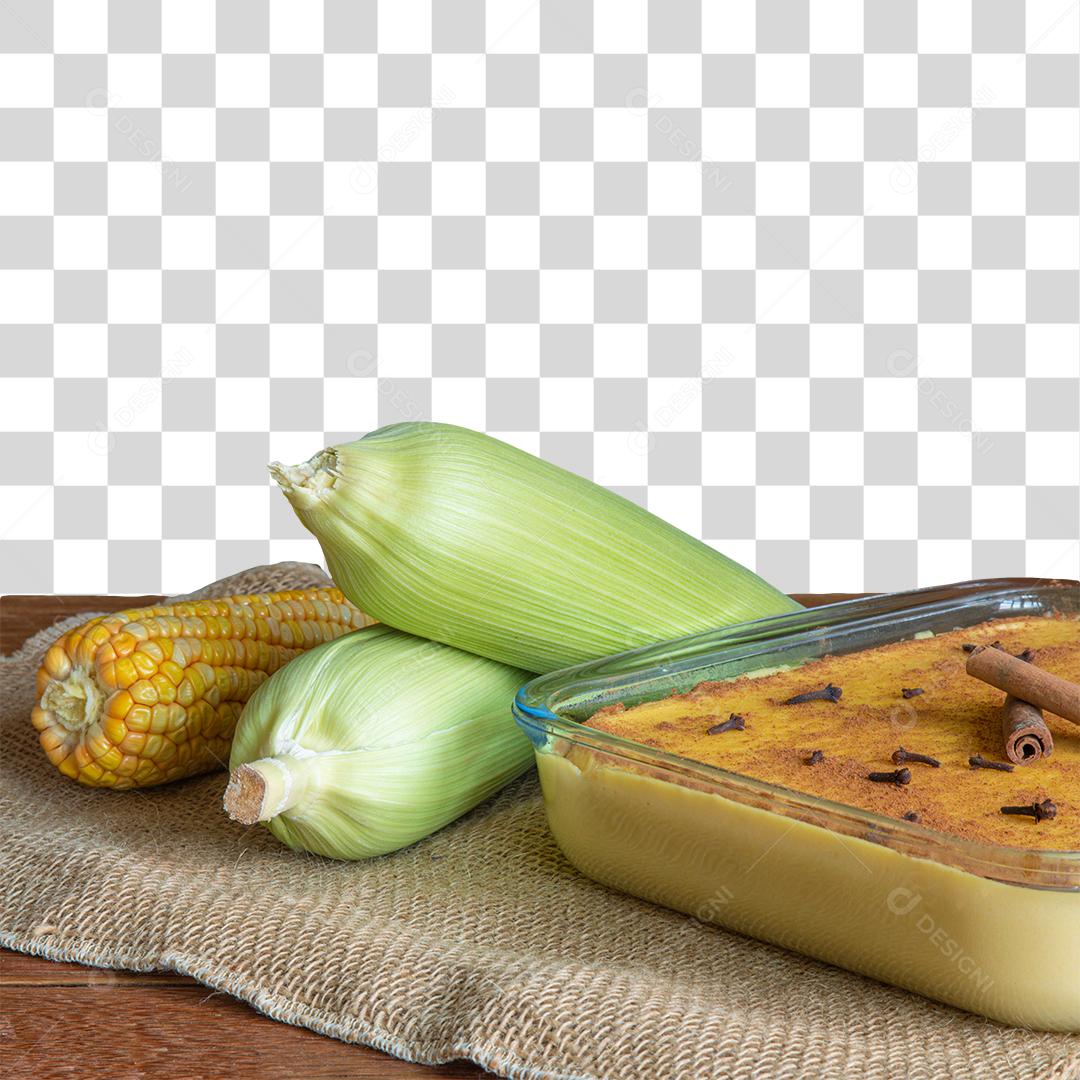 Bolo de Milho Assado e Espigas de Milho PNG Transparente