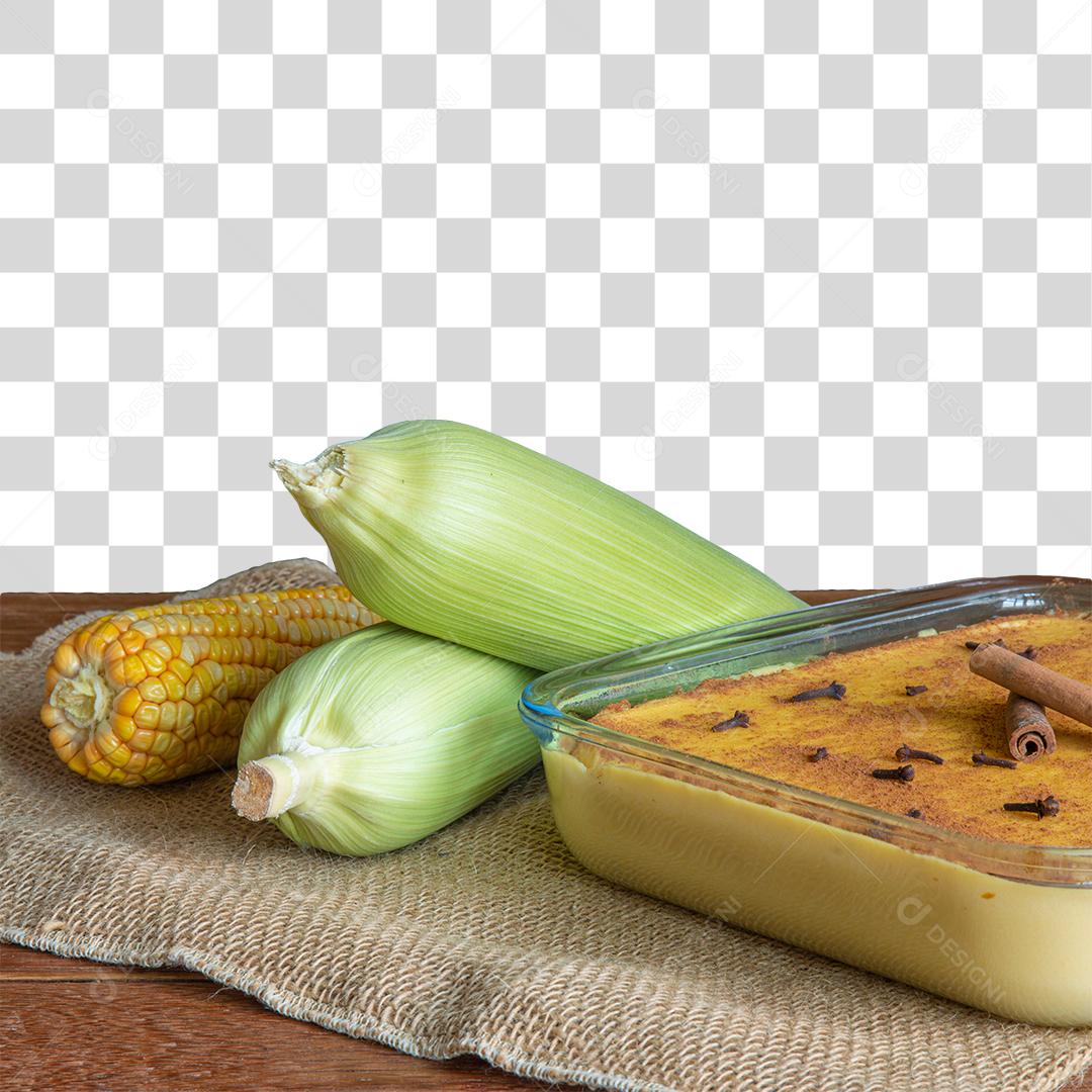 Bolo de Milho Assado e Espigas de Milho PNG Transparente