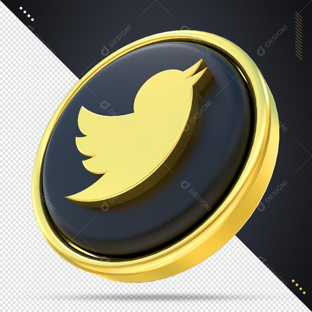 Ícone 3D Twitter Preto e Dourado Para Composição PSD