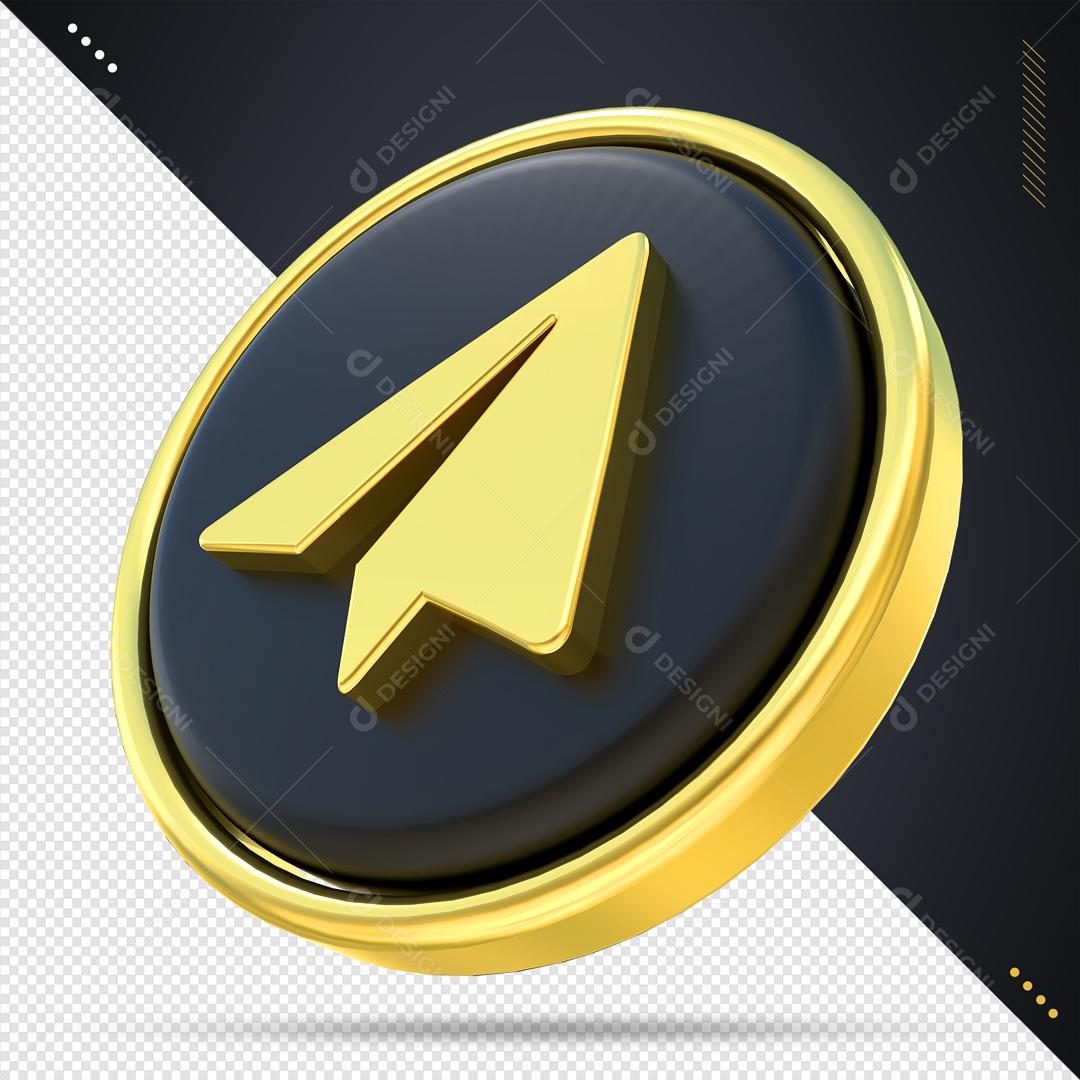 Ícone 3D Telegram Preto e Dourado Para Composição PSD