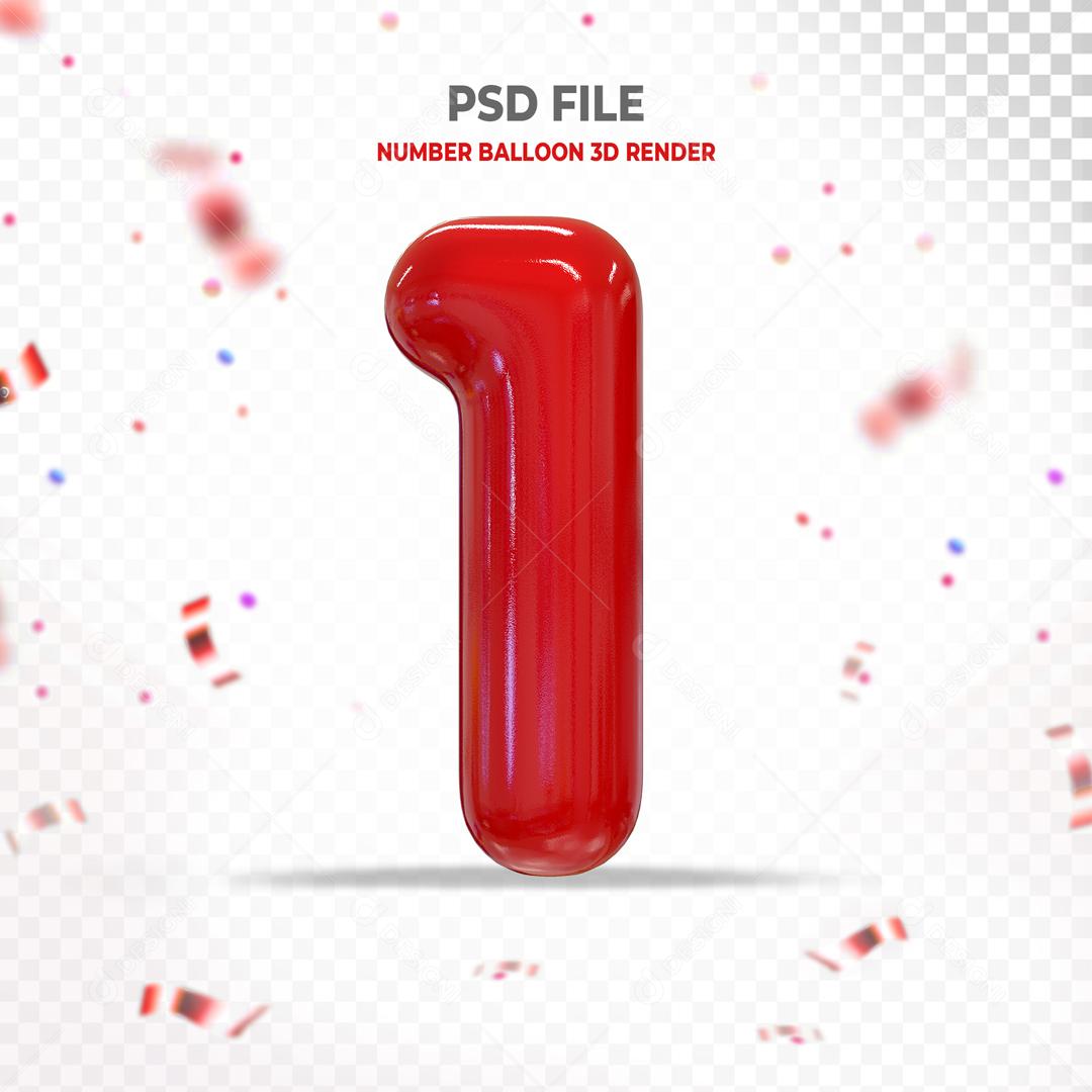 Número 3D 1 Vermelho Para composição PSD