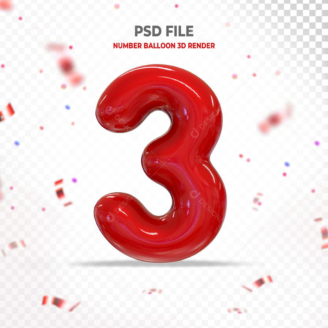 Número 3D 3 Vermelho Para composição PSD