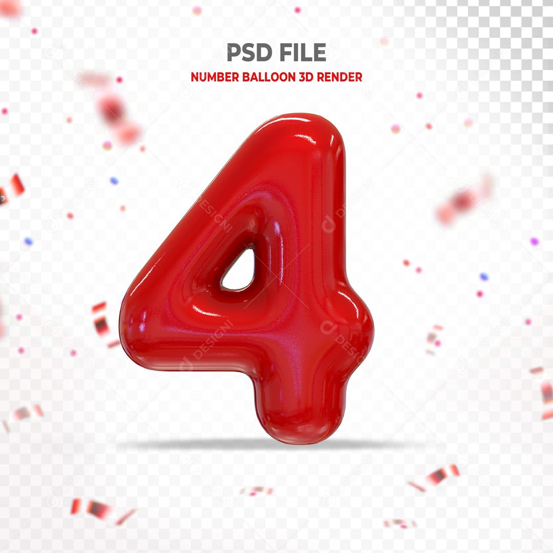 Número 3D 4 Vermelho Para composição PSD