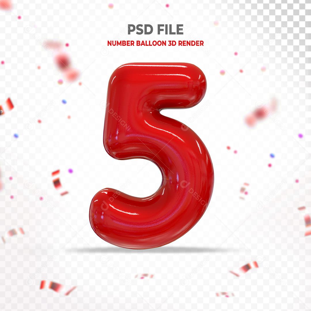 Número 3D 5 Vermelho Para composição PSD