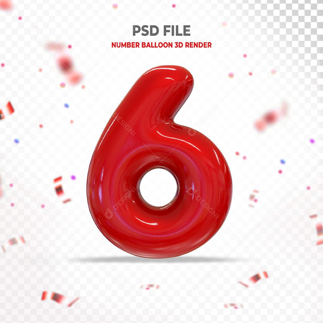 Número 3D 6 Vermelho Para composição PSD