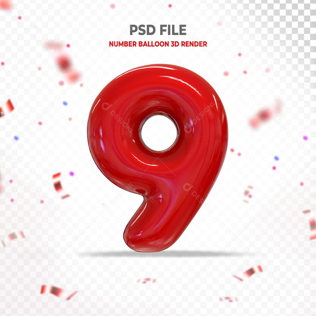 Número 3D 9 Vermelho Para composição PSD