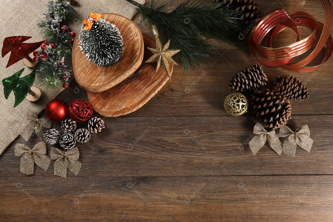 Top view of Christmas decoration on wooden table.