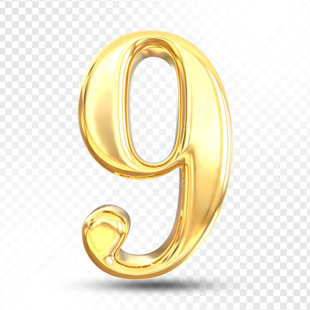 Número 9 Dourado 3D Para composição PSD
