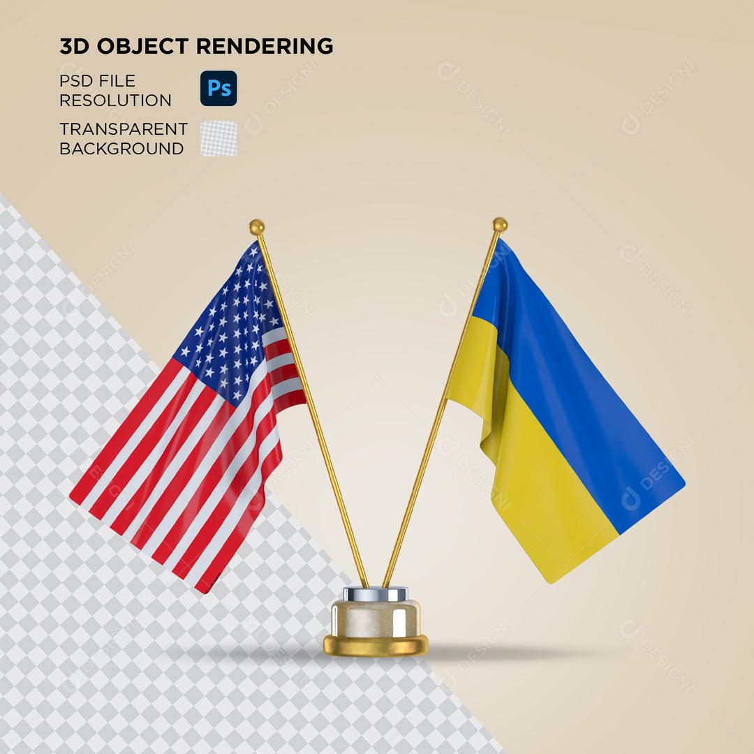 Bandeira dos Estados Unidos e Ucrânia Elemento 3D Para Composição PSD