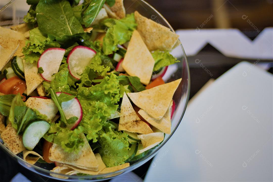Glass bowl healthy food vegetables salad