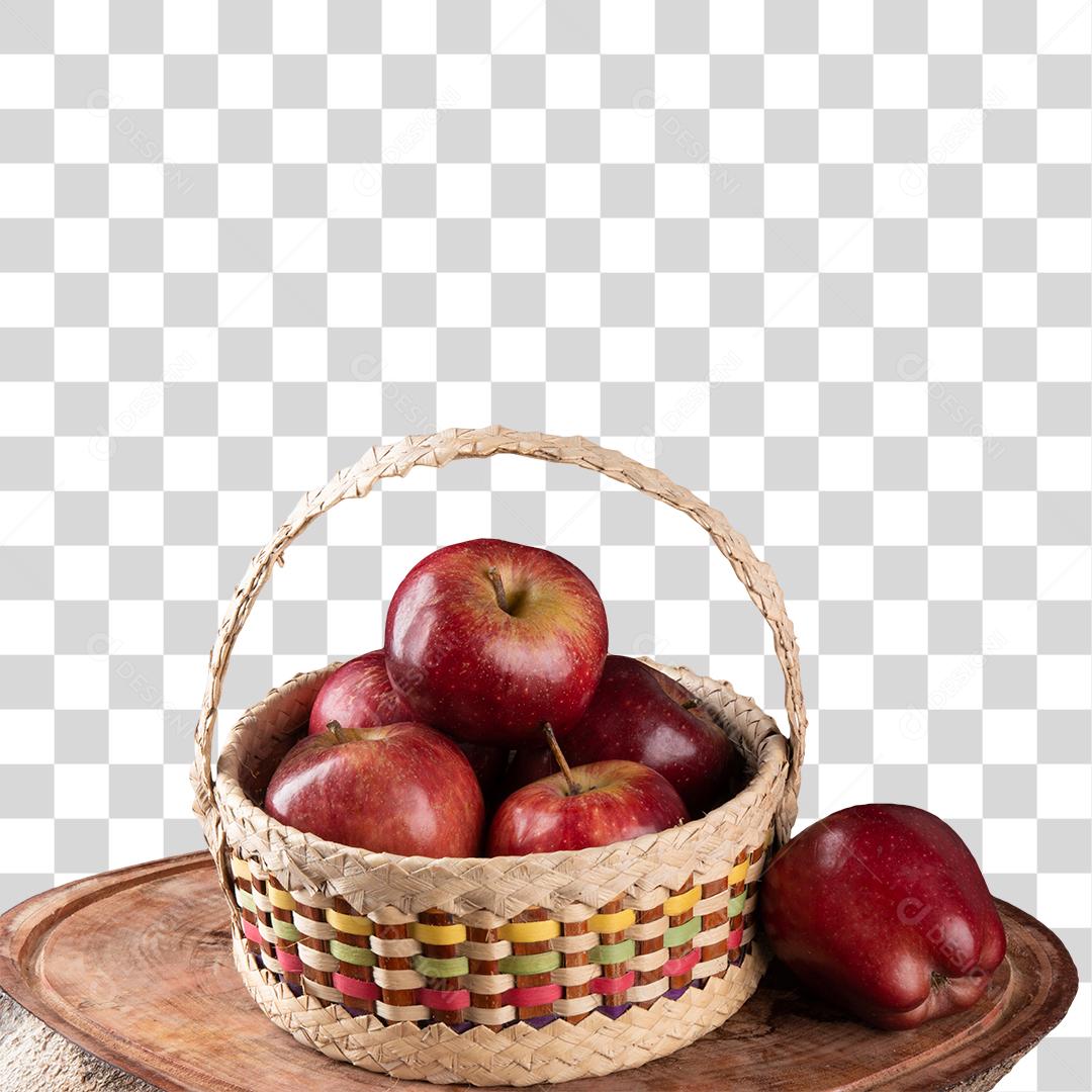 Cesta De Palha Com Maças Acima De Tronco PNG Transparente