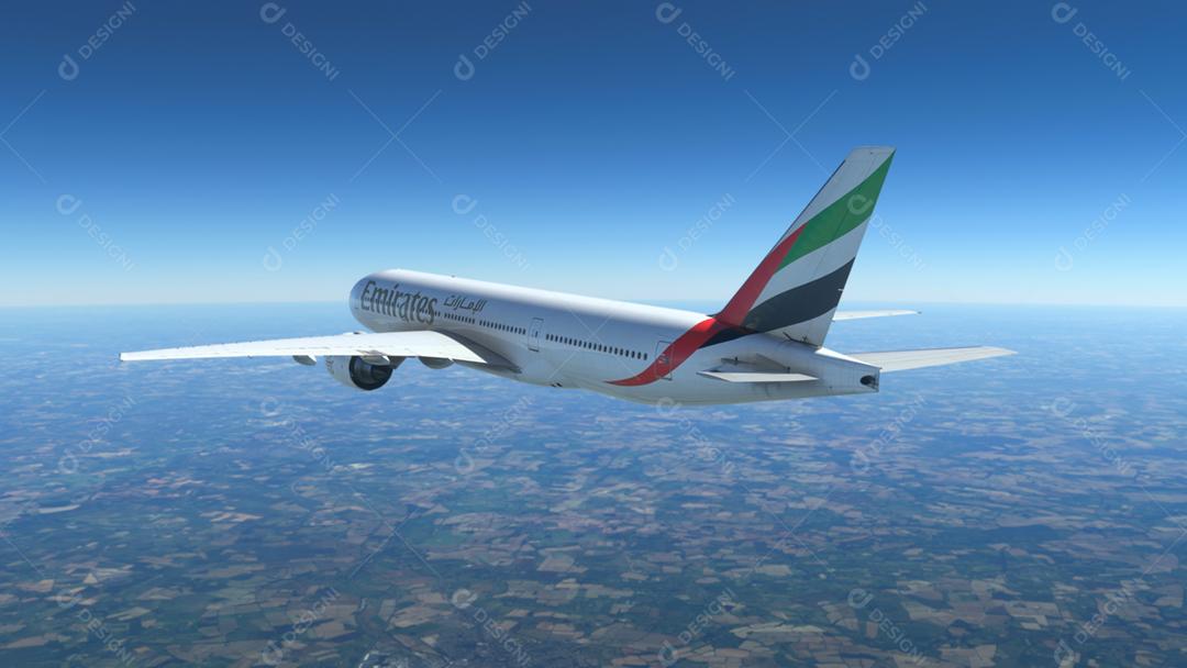 Boeing 777-200 Emirates voando, 13 de maio de 2022, São Paulo, Brasil.