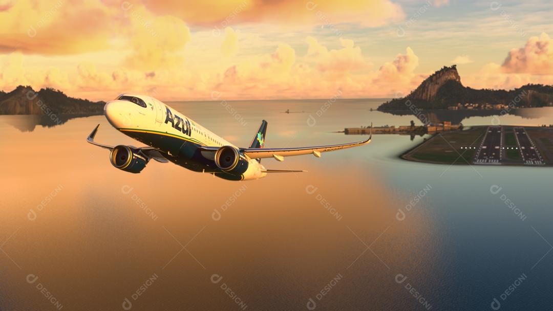 Airbus A320 Azul Airlines partida do Rio de Janeiro no pôr do sol incrível, 22 de maio de 2022, Rio de Janeiro, Brasil.