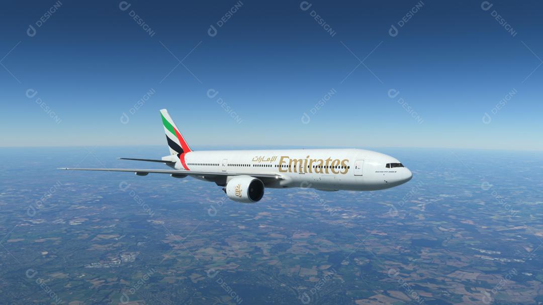 Boeing 777-200 Emirates voando, 13 de maio de 2022, São Paulo, Brasil.