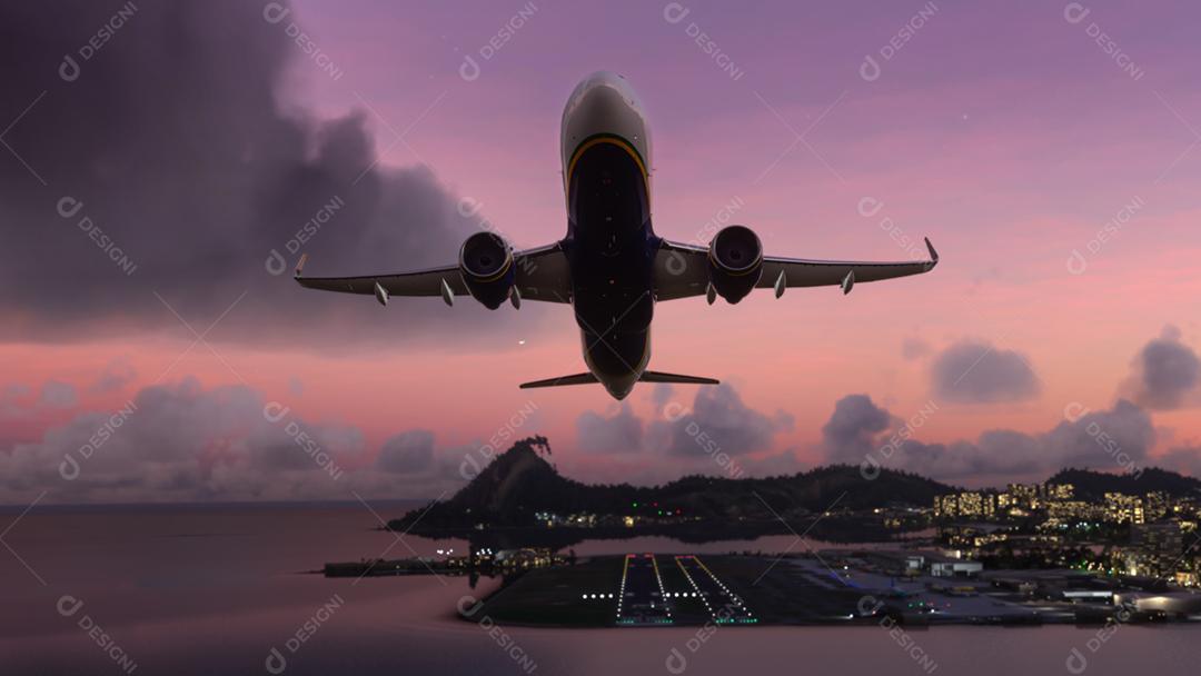 Partida de aeronaves comerciais no pôr do sol incrível.