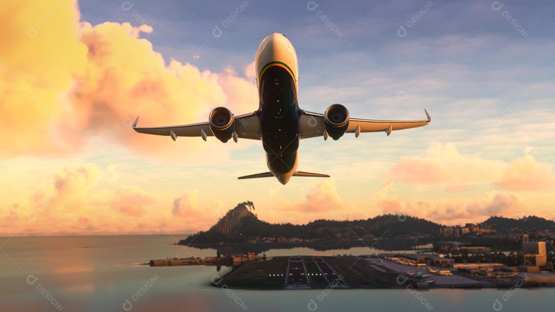 Partida de aeronaves comerciais no pôr do sol incrível.