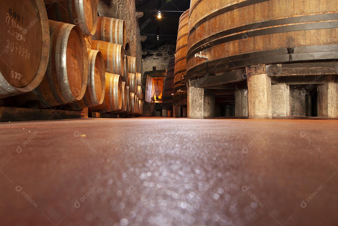 Barris de bebidas vinhos antigos amadurecendo em adega