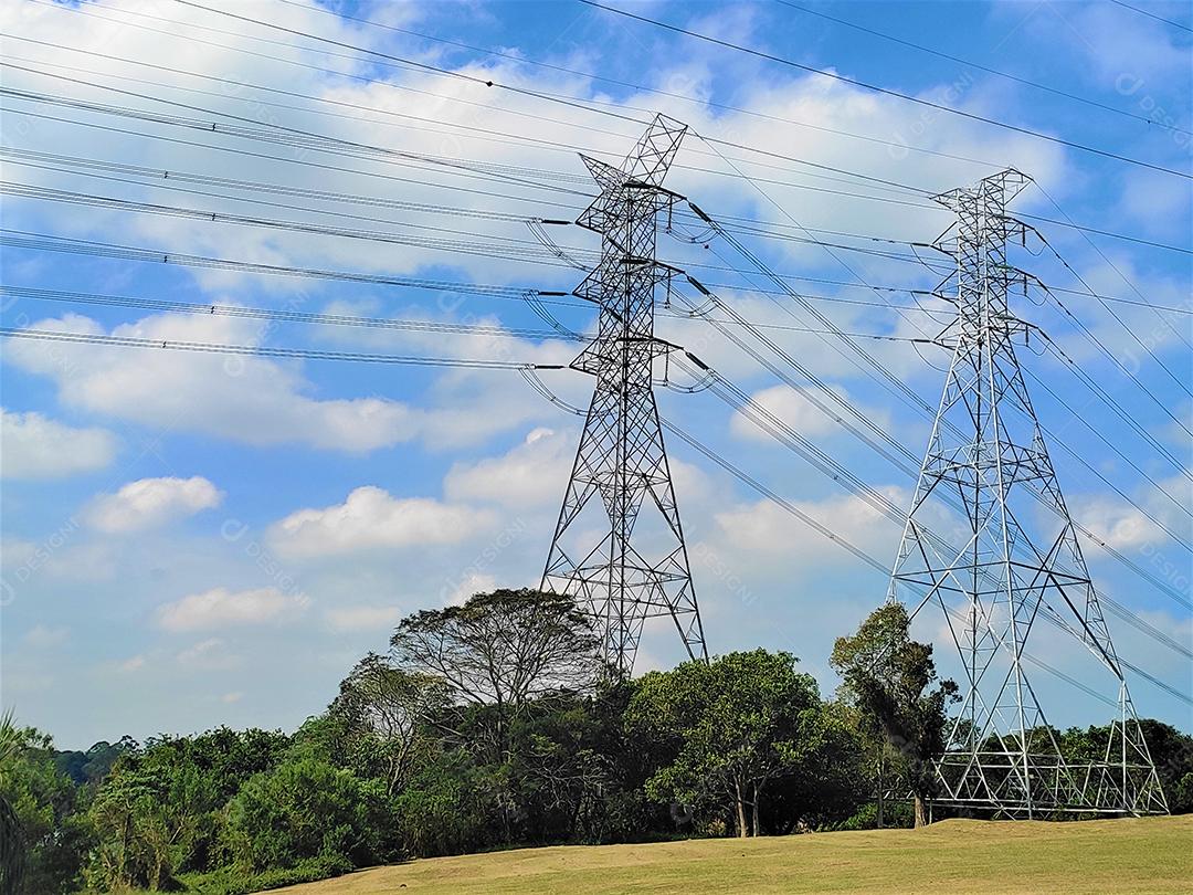 Torres de transmissão de energia sobre campo floresta