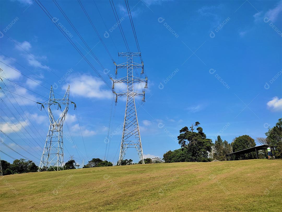 Torres de transmissão de energia sobre campo floresta