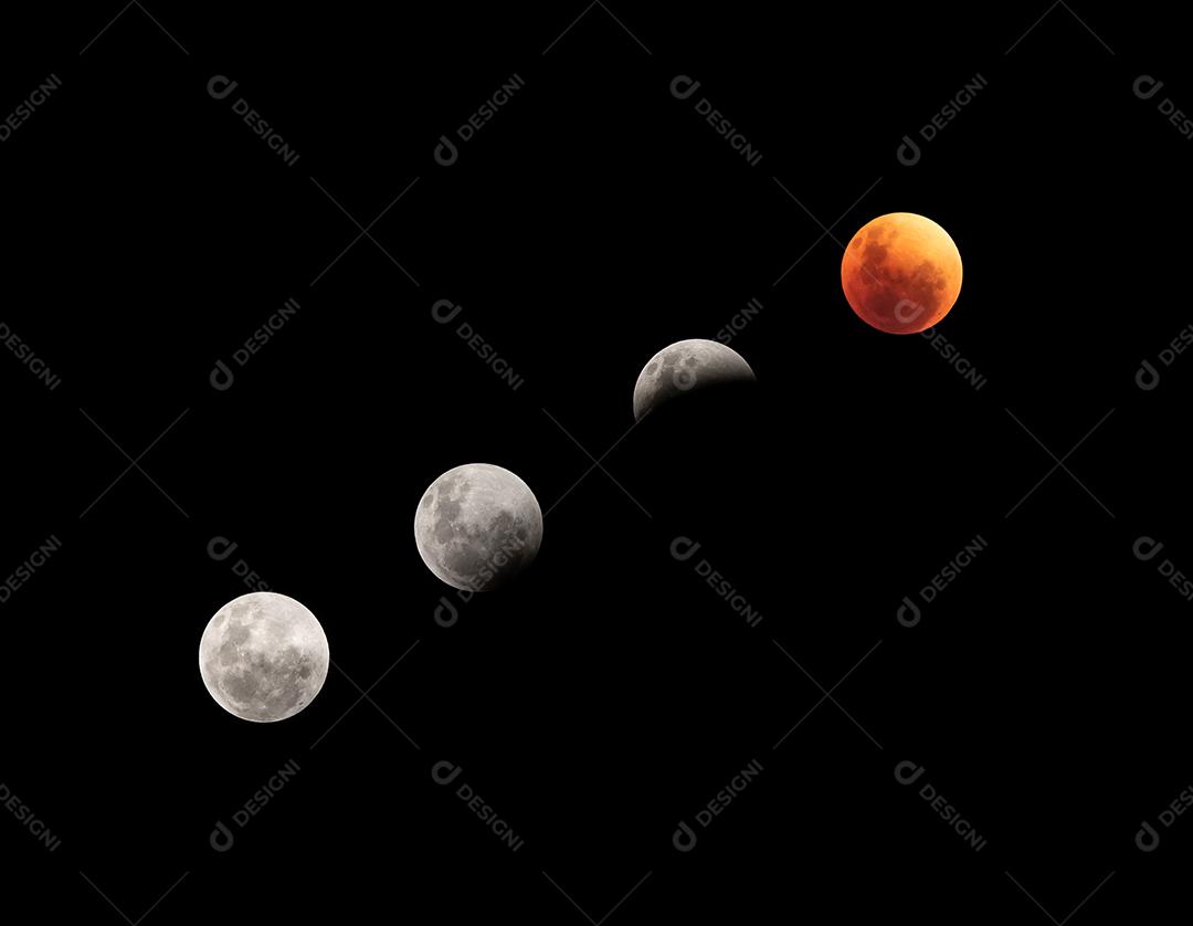 Colagem de quatro fases do eclipse lunar em maio