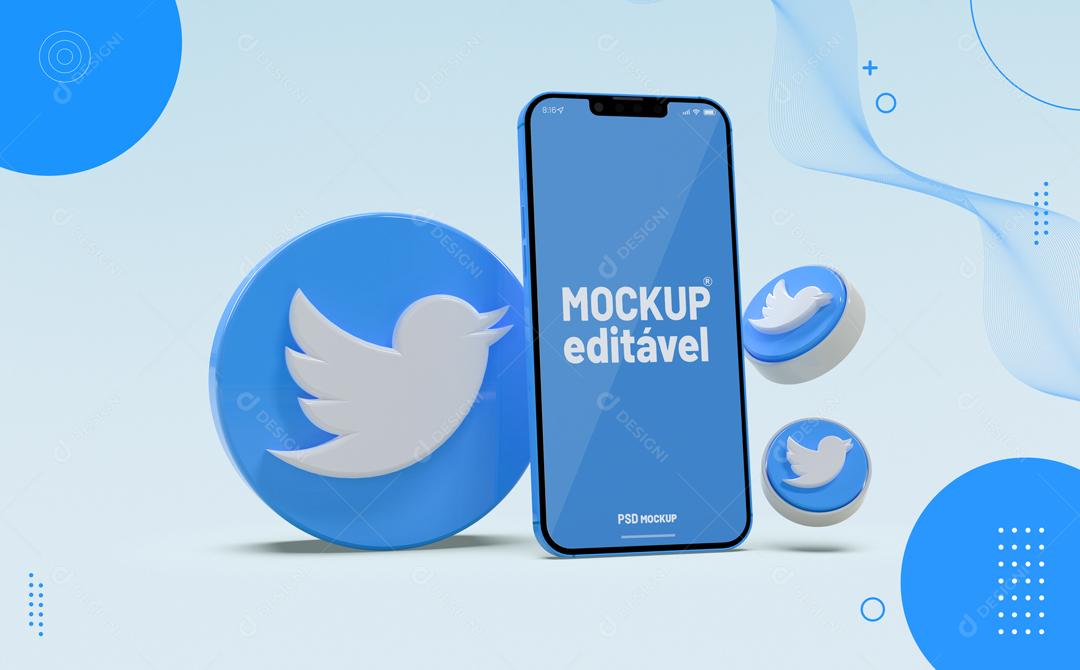 Mockup De Celular Twitter Azul Redes Sociais PSD Editável