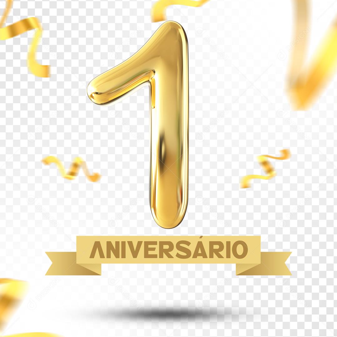 Elemento 3D 1 Aniversário Dourado Para Composição PSD