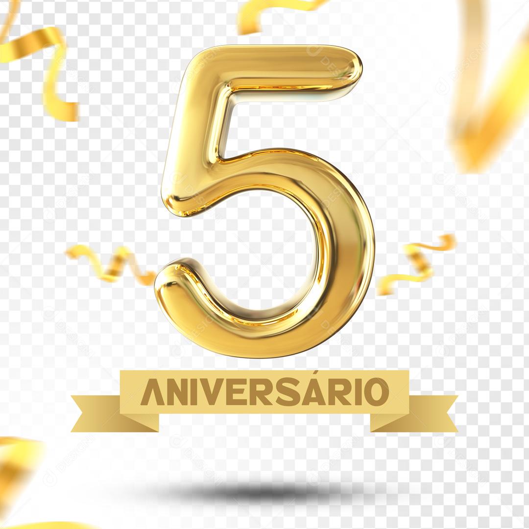 Elemento 3D 5 Aniversário Dourado Para Composição PSD